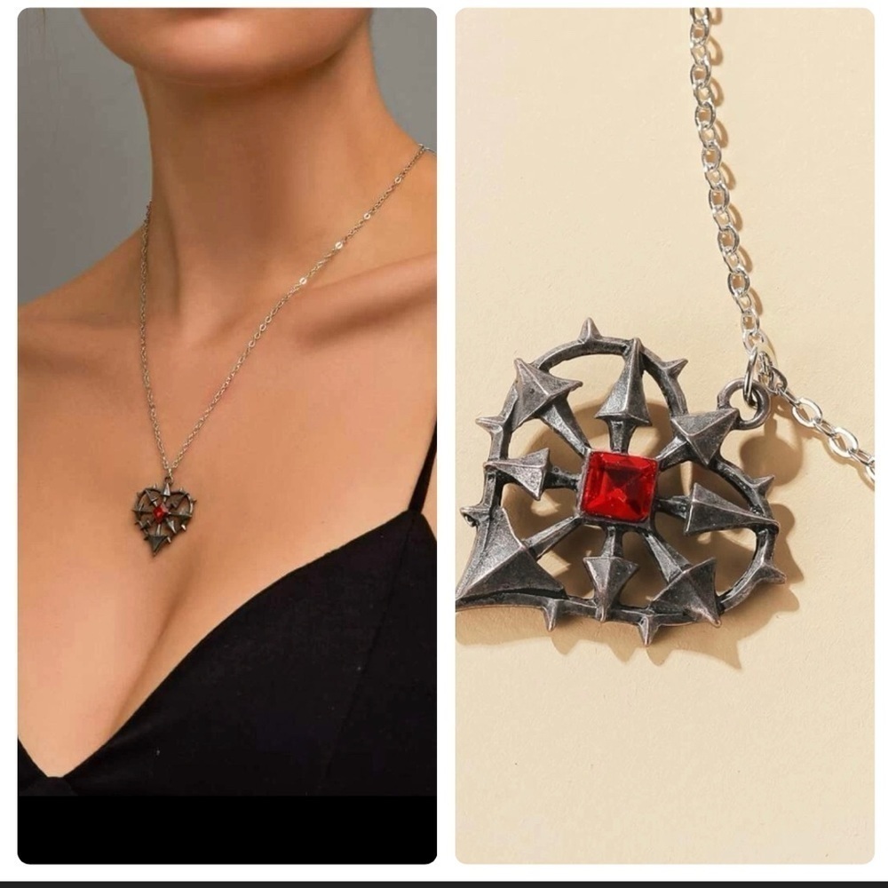 Silver Spiked Red Jewel Heart Necklace